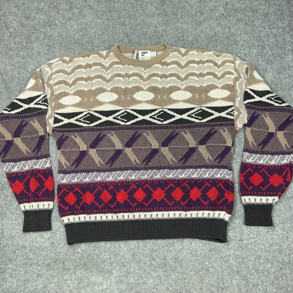 VTG London Fog Sweater Mens XL Brown Red Geometric 3D Knit Cotton USA 90s Tundra - Picture 1 of 12